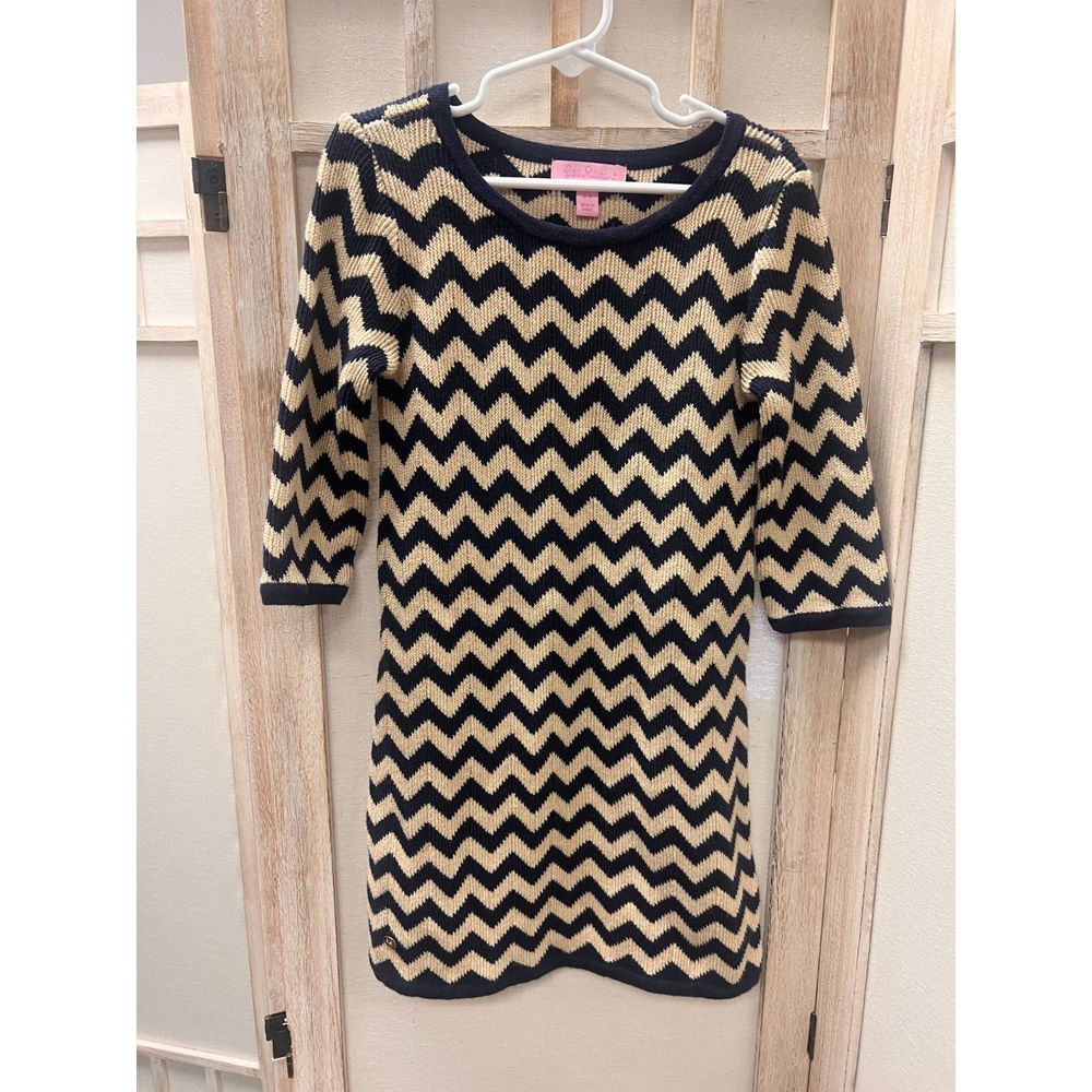 Lilly Pulitzer Little Santana Chevron Navy Gold Sweater Dress | Girls M (6-7)